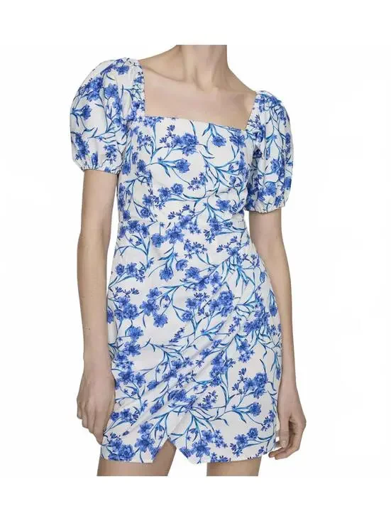 Mango Cotton Balloon-Sleeve Floral Printed Mini Dress Blue White NWT 4 / Small - Picture 2 of 6